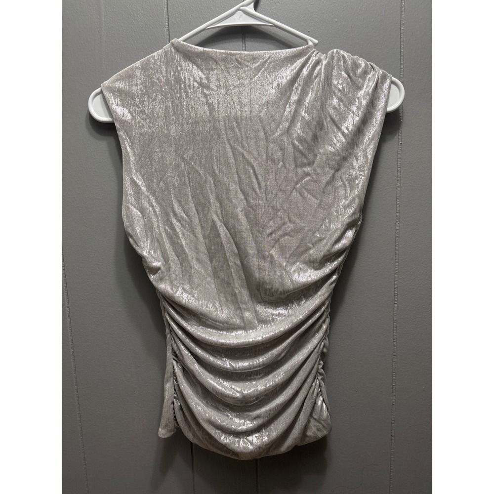 Amisu Silver Metallic Ruched Sleeveless Top High Neck Party Blouse XS